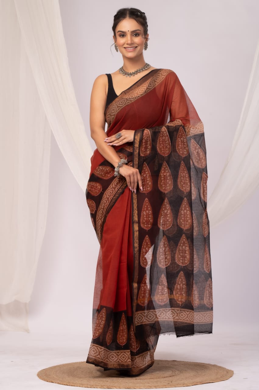 Elegant Handblock Kota Doria Saree for Festive Events