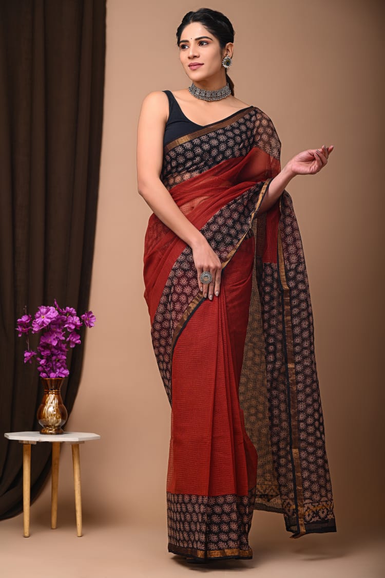 Elegant Handblock Kota Doria Saree for Festive Events