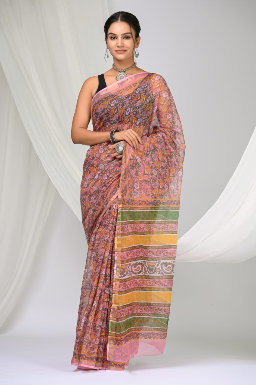 Elegant Handblock Kota Doria Saree for Festive Events