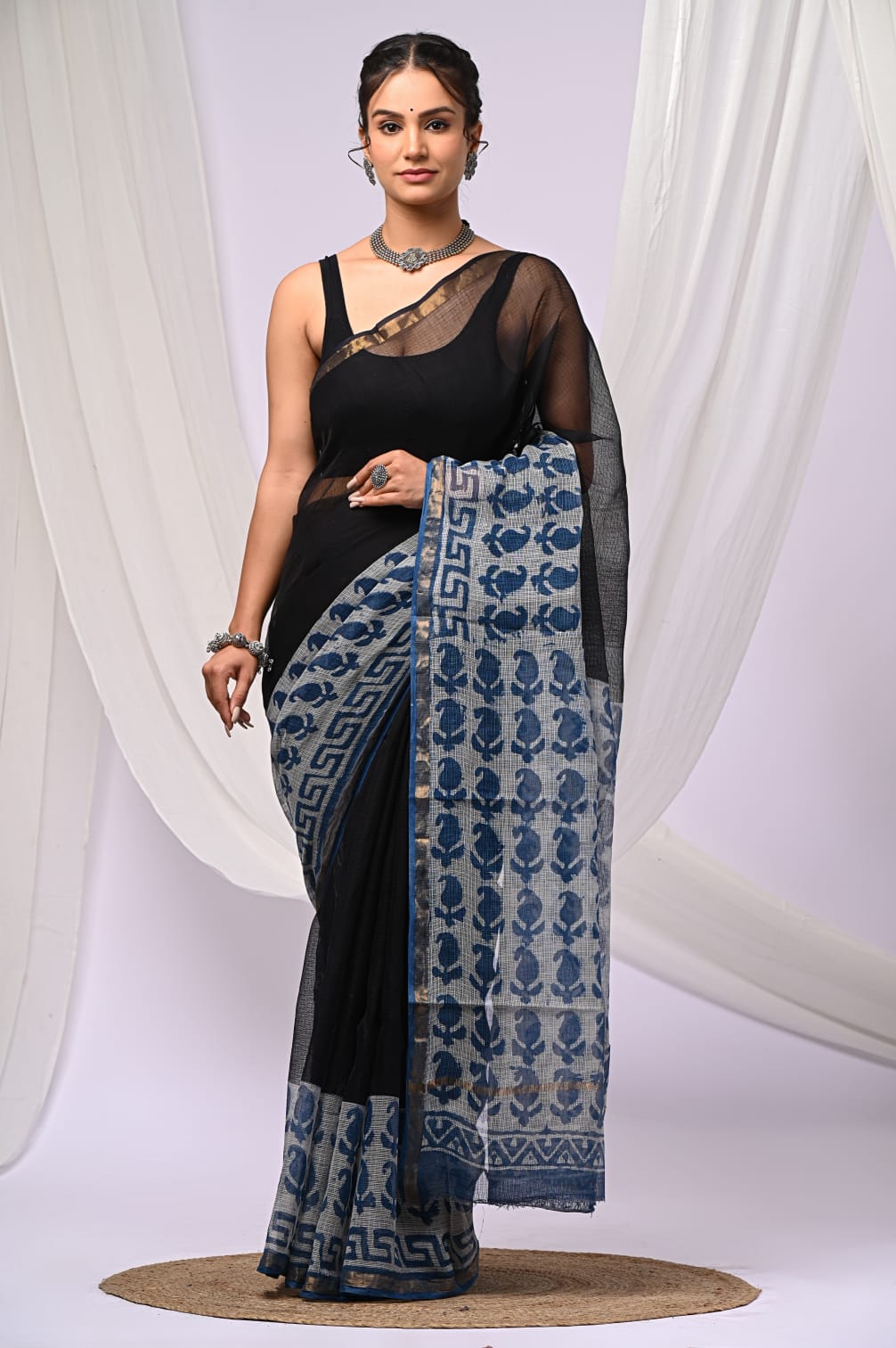 Elegant Handblock Kota Doria Saree for Festive Events