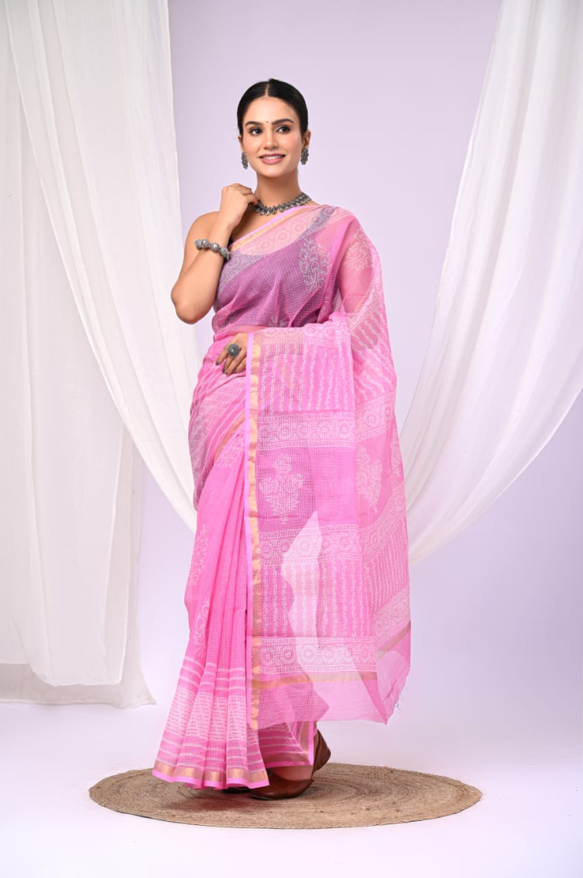 Elegant Handblock Kota Doria Saree for Festive Events