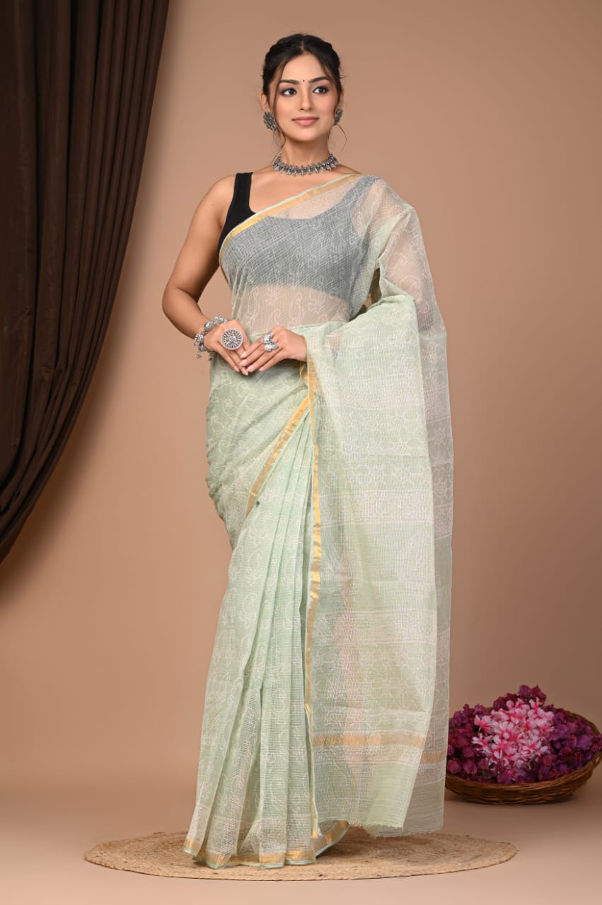 Elegant Handblock Kota Doria Saree for Festive Events