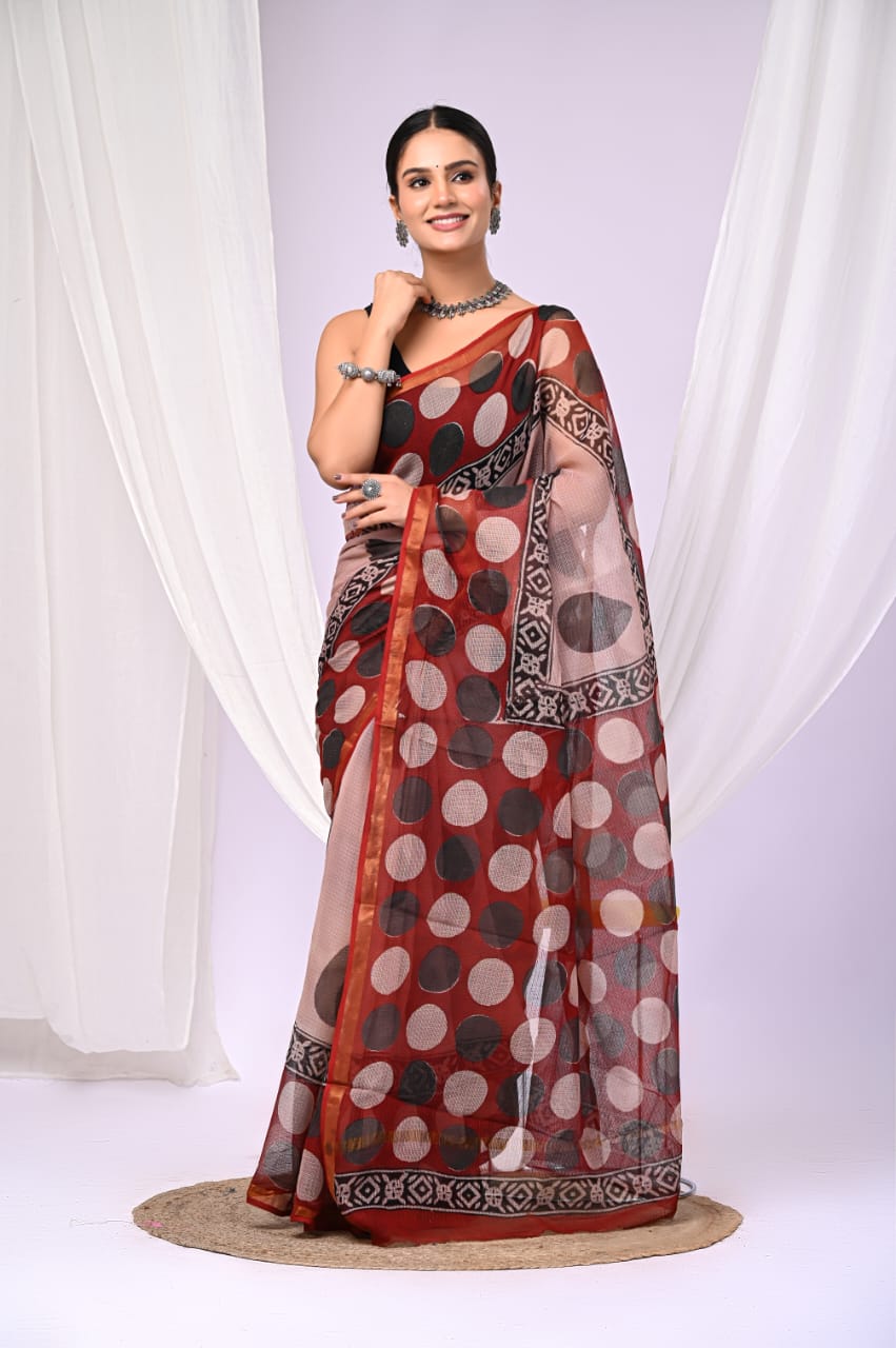 Elegant Handblock Kota Doria Saree for Festive Events