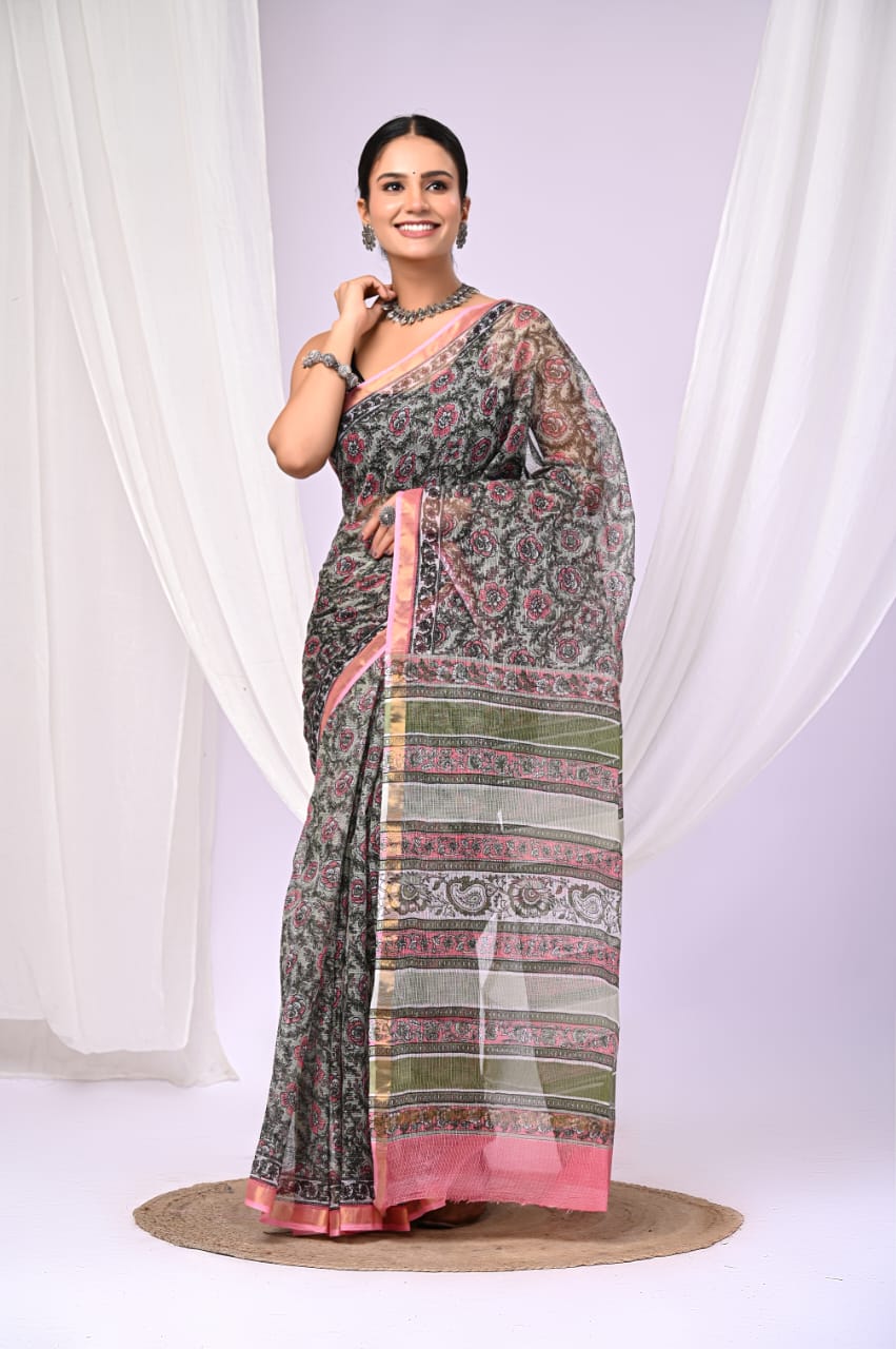 Elegant Handblock Kota Doria Saree for Festive Events