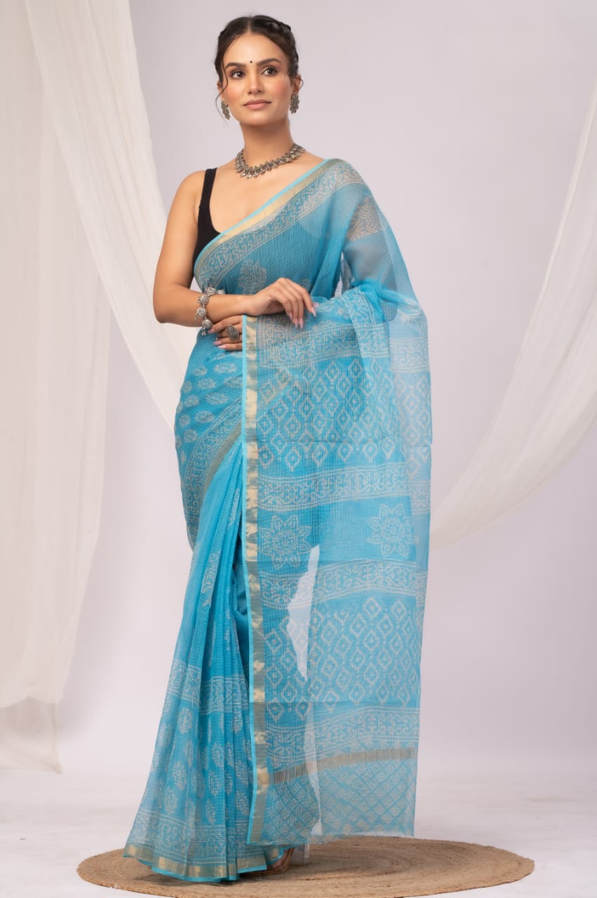 Elegant Handblock Kota Doria Saree for Festive Events