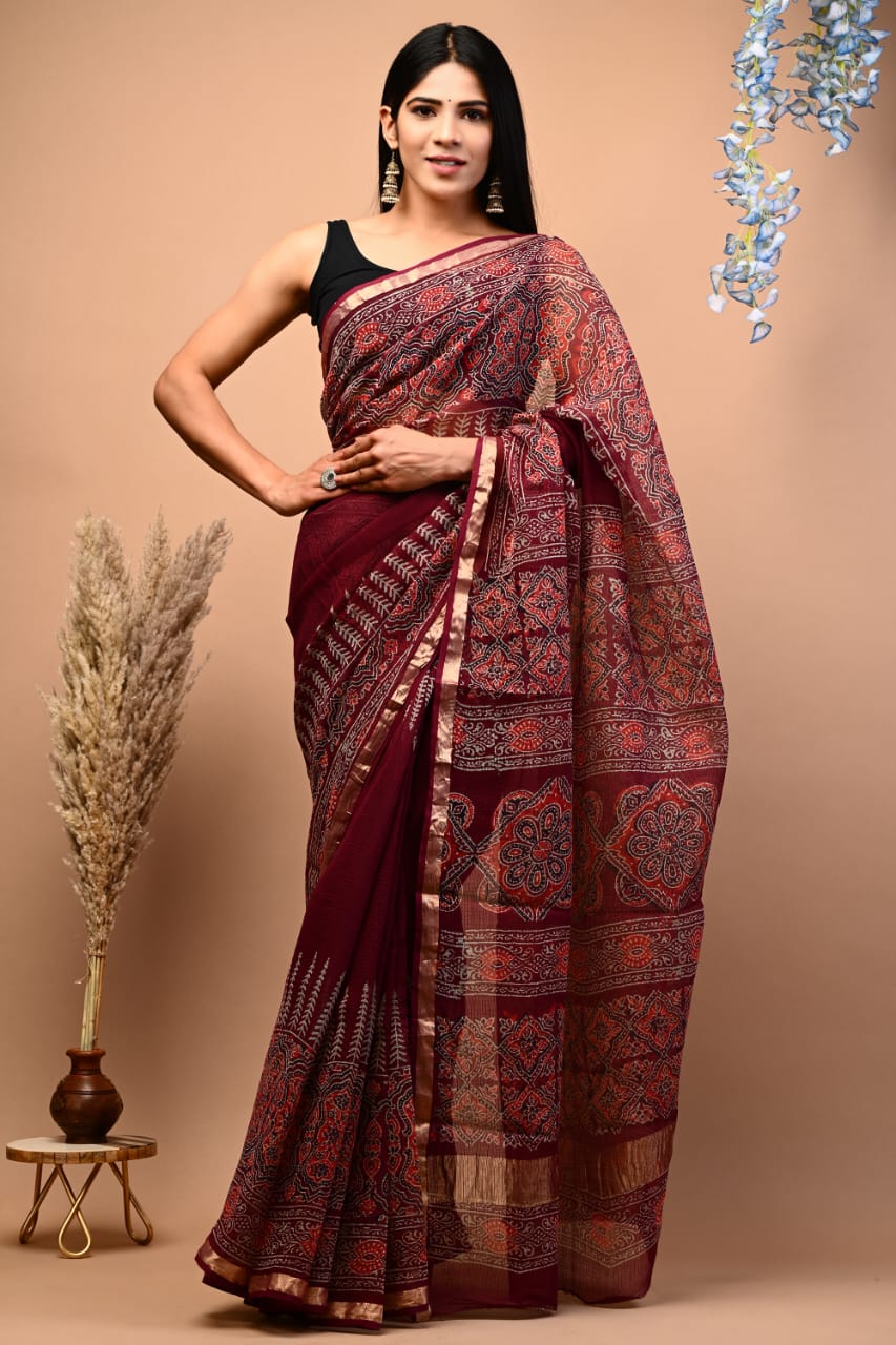 Elegant Handblock Kota Doria Saree for Festive Events