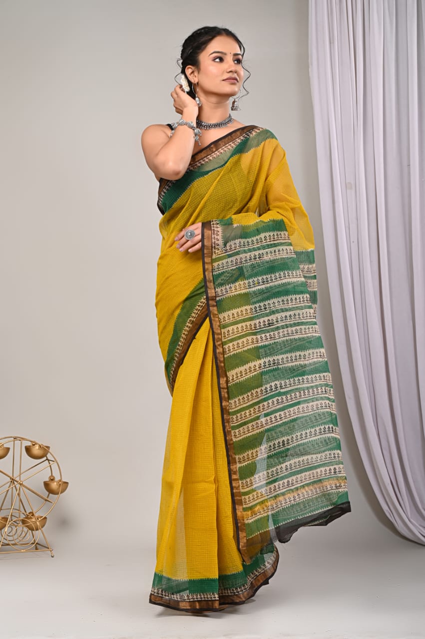 Elegant Handblock Kota Doria Saree for Festive Events
