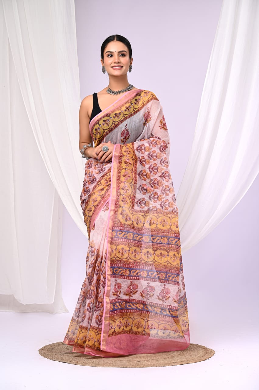 Elegant Handblock Kota Doria Saree for Festive Events