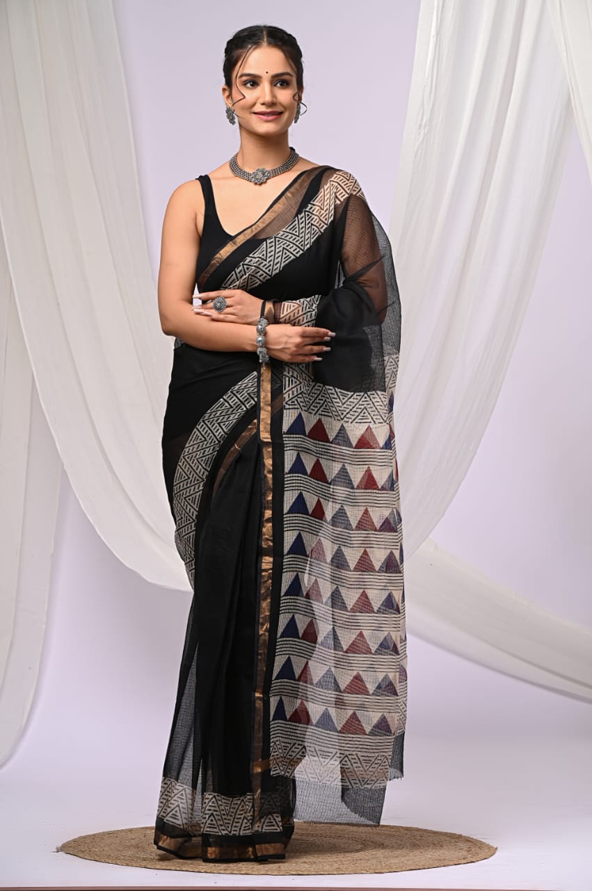 Elegant Handblock Kota Doria Saree for Festive Events