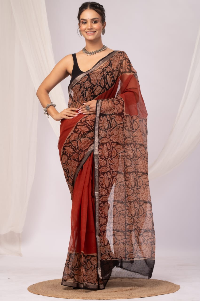 Elegant Handblock Kota Doria Saree for Festive Events