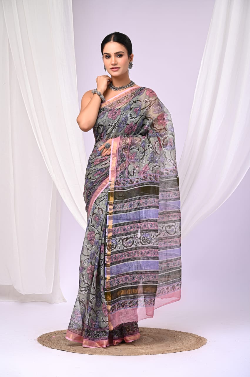 Elegant Handblock Kota Doria Saree for Festive Events