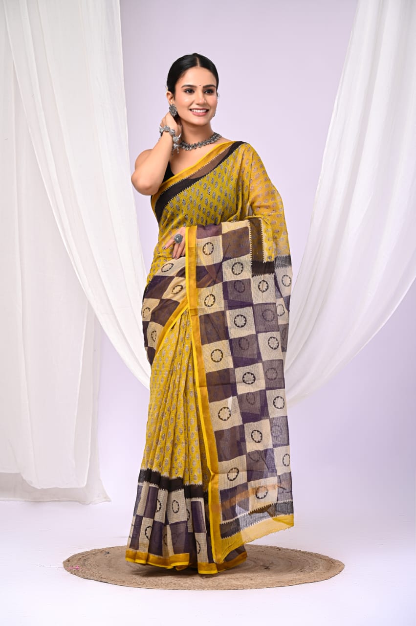 Elegant Handblock Kota Doria Saree for Festive Events