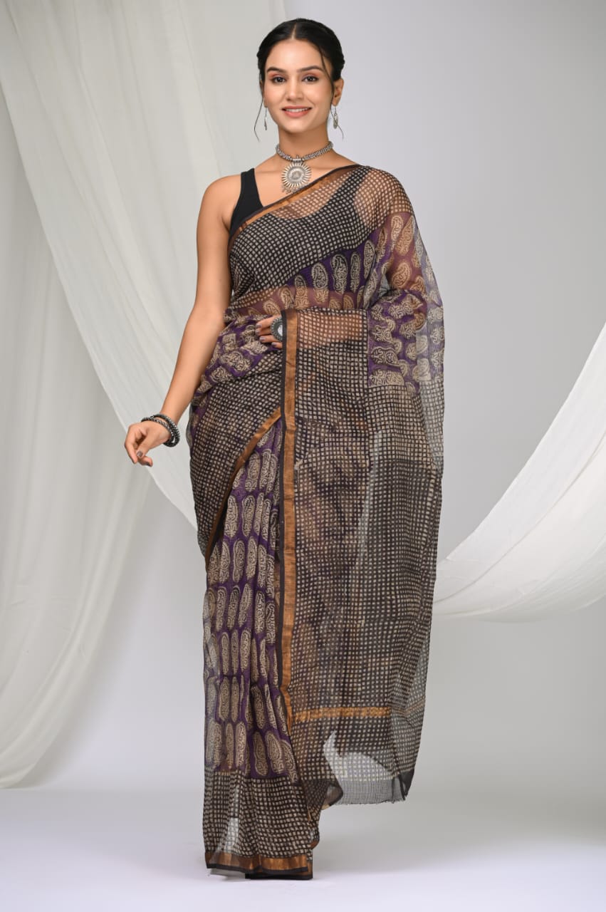 Elegant Handblock Kota Doria Saree for Festive Events