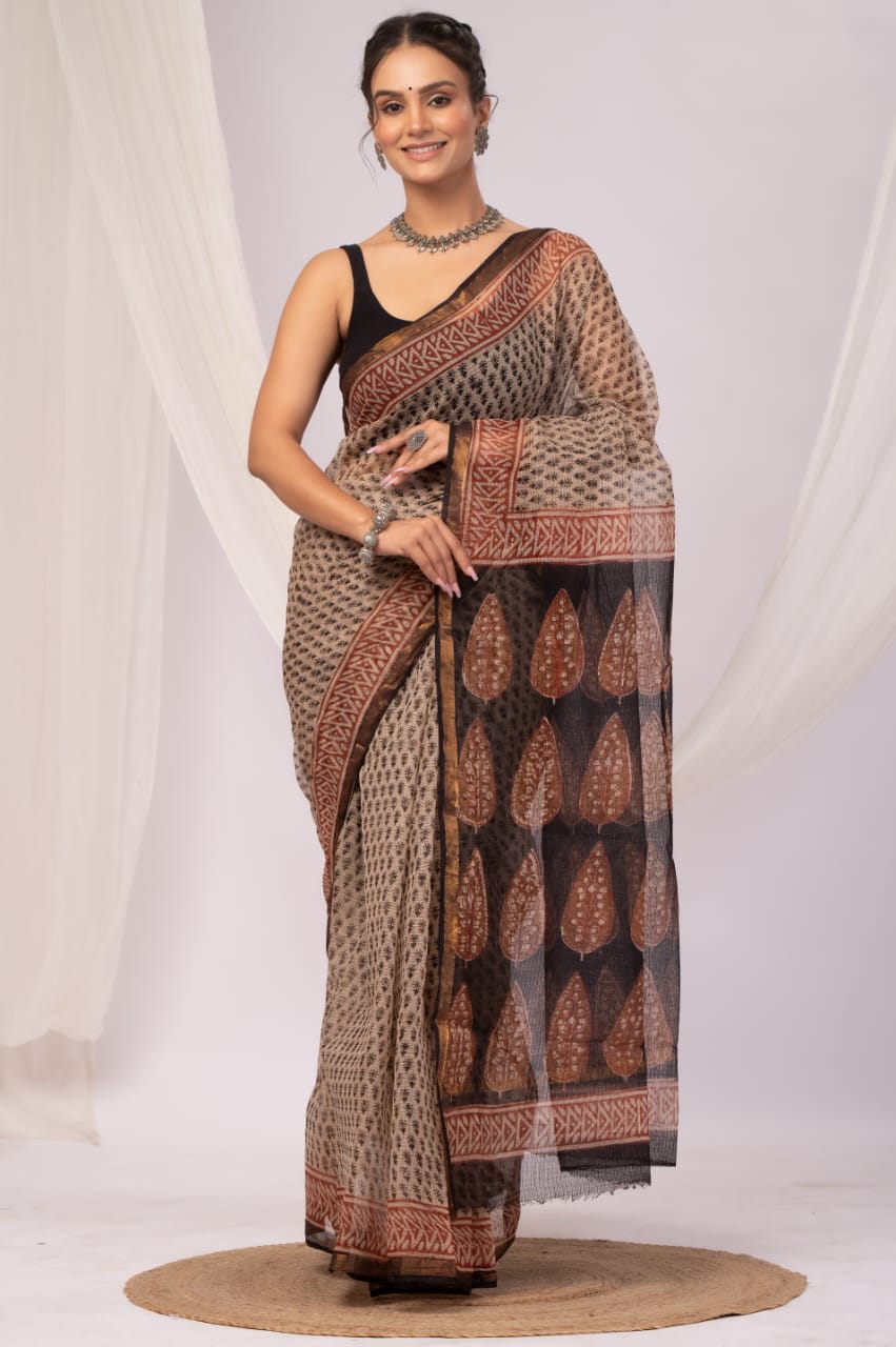 Elegant Handblock Kota Doria Saree for Festive Events