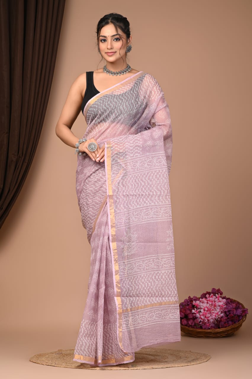 Elegant Handblock Kota Doria Saree for Festive Events