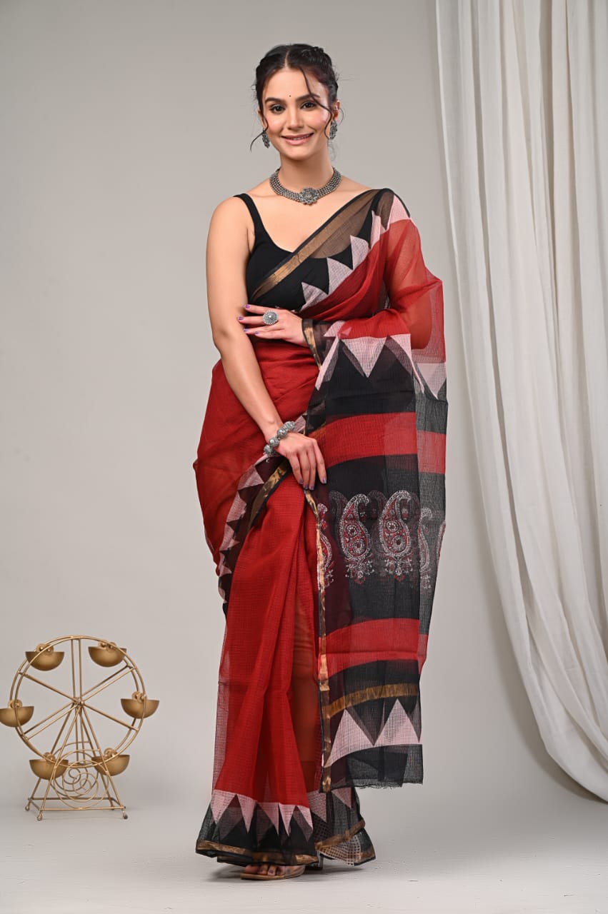 Elegant Handblock Kota Doria Saree for Festive Events
