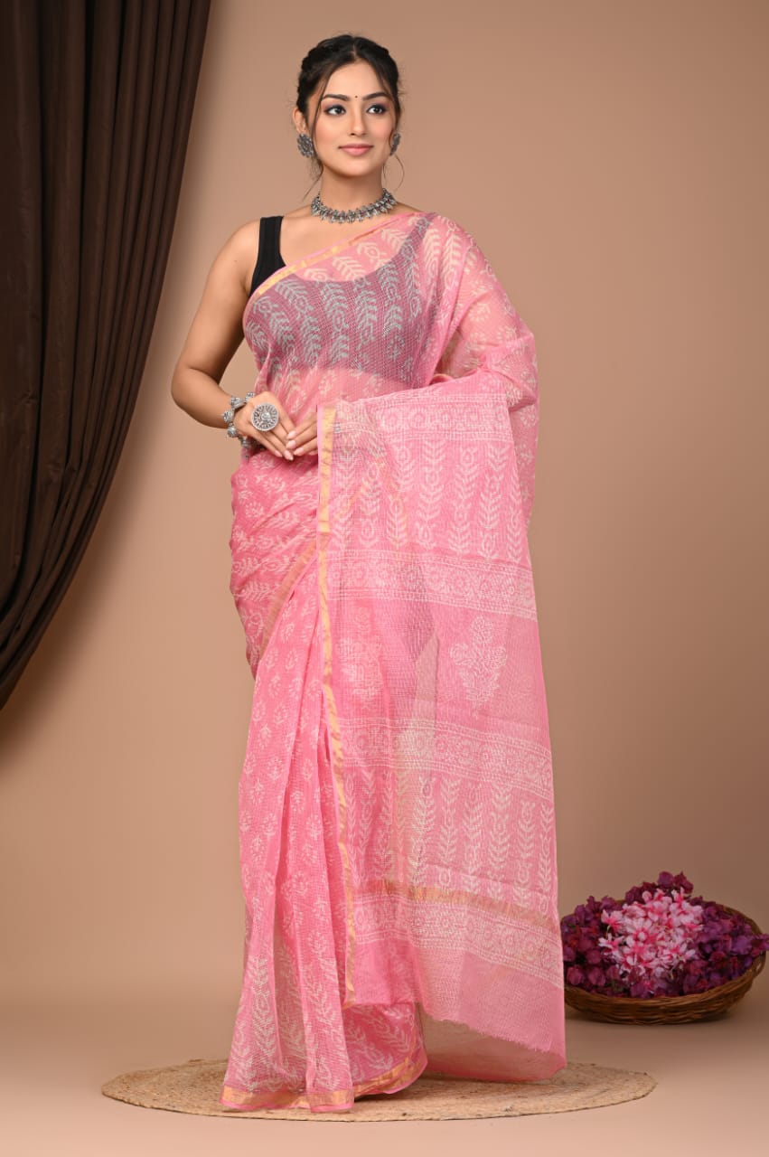 Elegant Handblock Kota Doria Saree for Festive Events