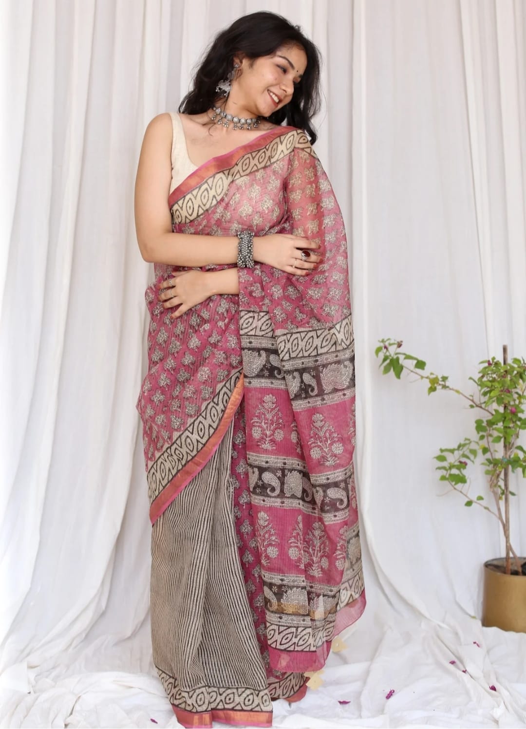 Elegant Handblock Kota Doria Saree for Festive Events
