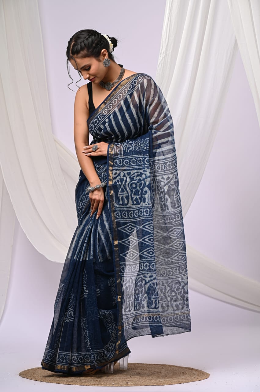 Elegant Handblock Kota Doria Saree for Festive Events