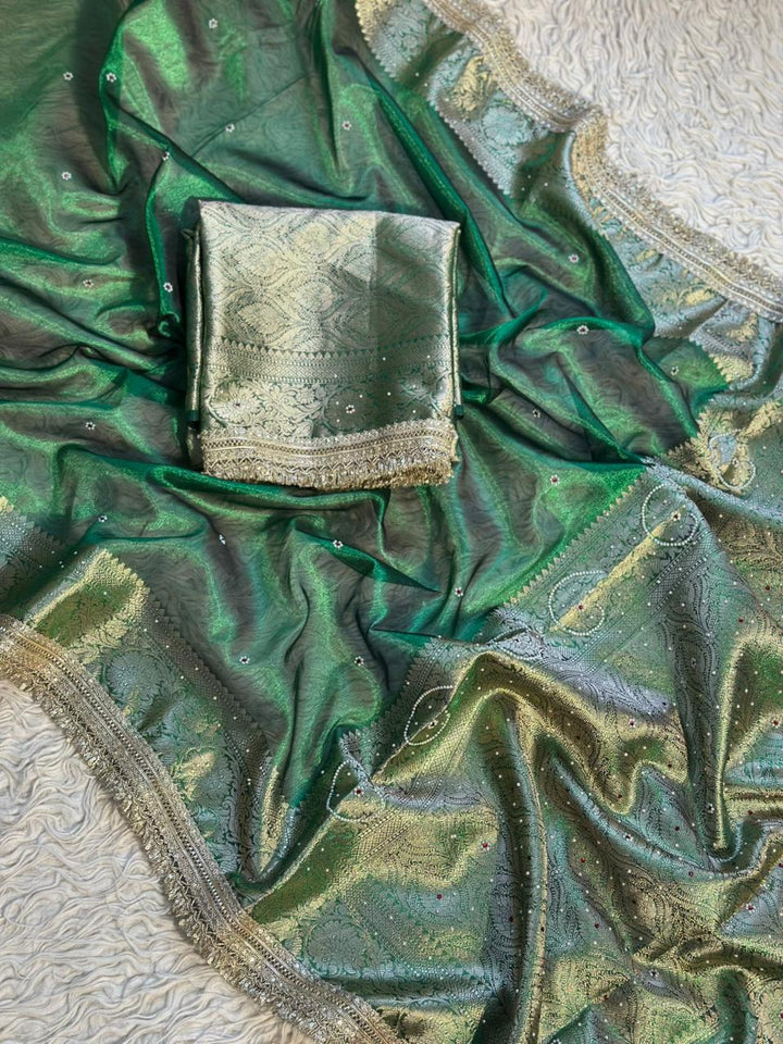 Exquisite Green Banarasi Saree with Swarovski Highlights