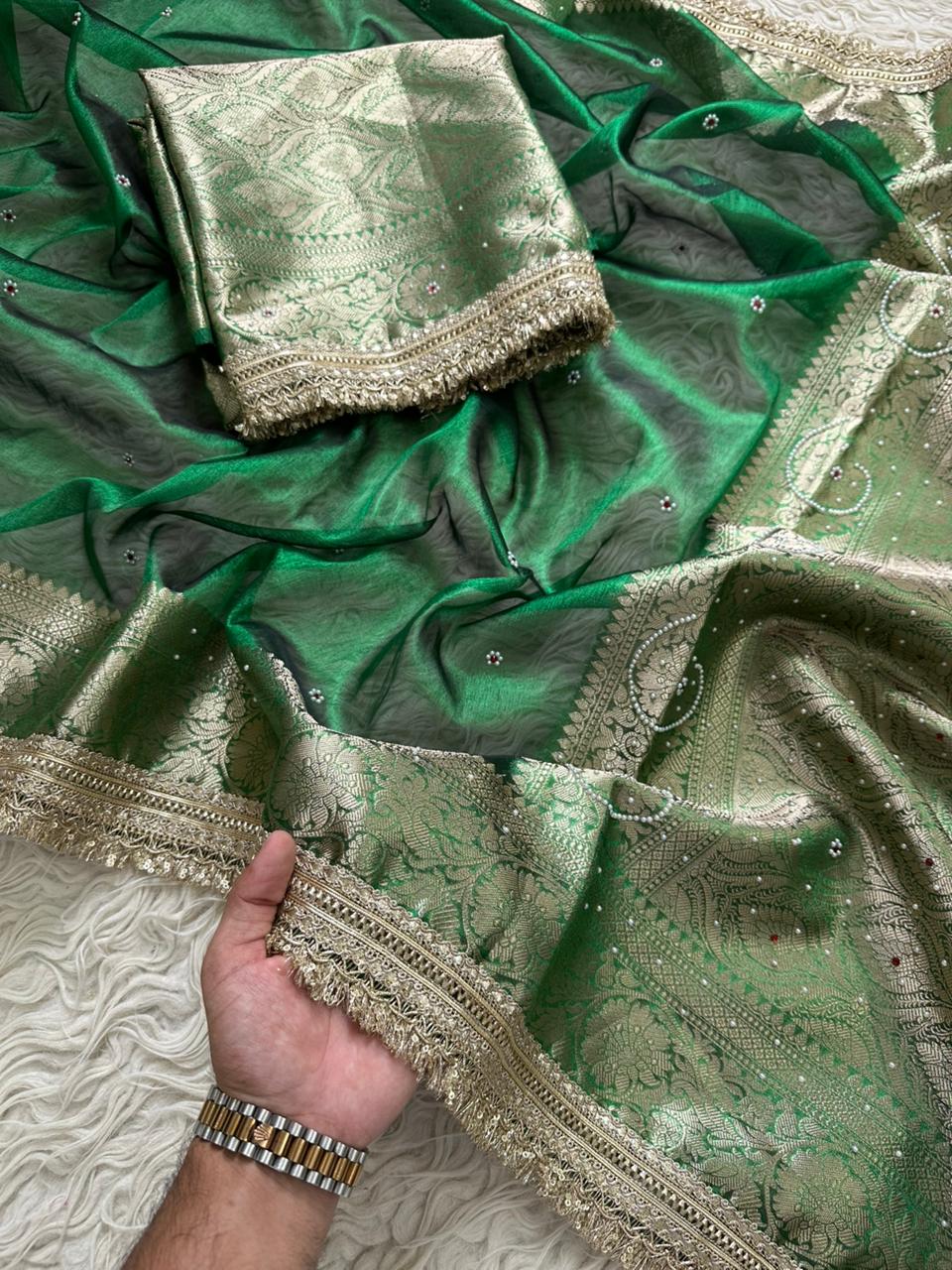 Exquisite Green Banarasi Saree with Swarovski Highlights