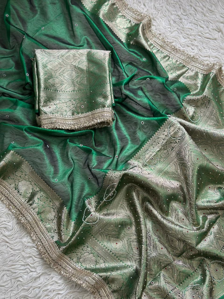 Exquisite Green Banarasi Saree with Swarovski Highlights