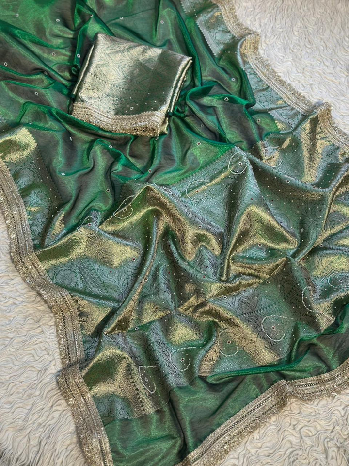 Exquisite Green Banarasi Saree with Swarovski Highlights