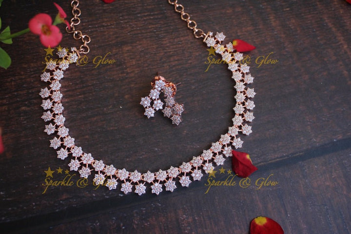 Two layer AD stones star gold necklace - white Multi - Sparkle and Glow - White Rose Gold - Back Thread