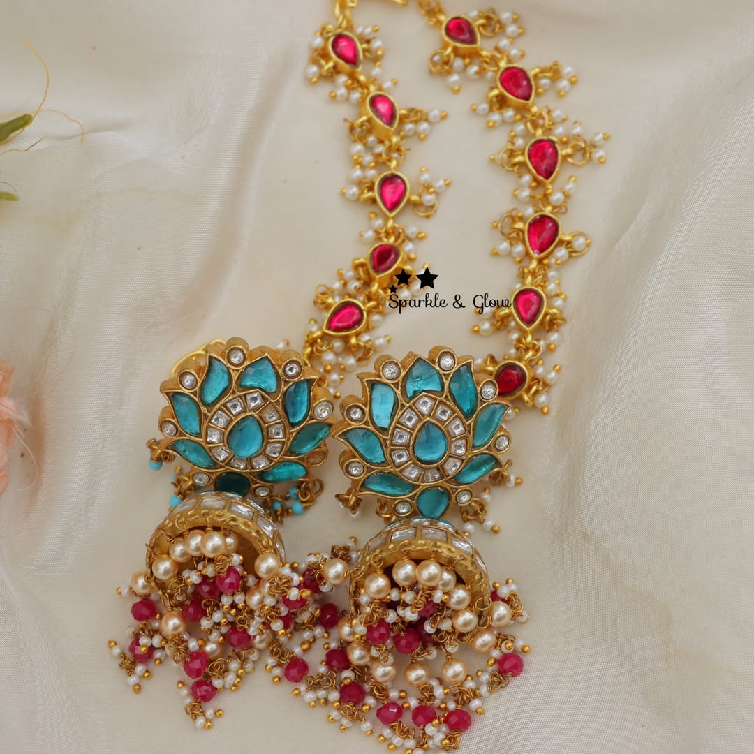 Exquisite Jadau Lotus Earrings Earchain Combo - Premium
