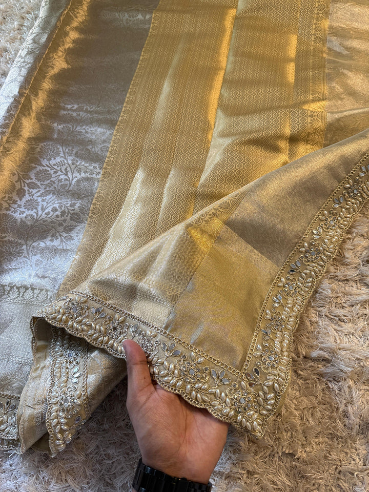 Gold-Toned Tissue Silk Saree - Festive Elegance