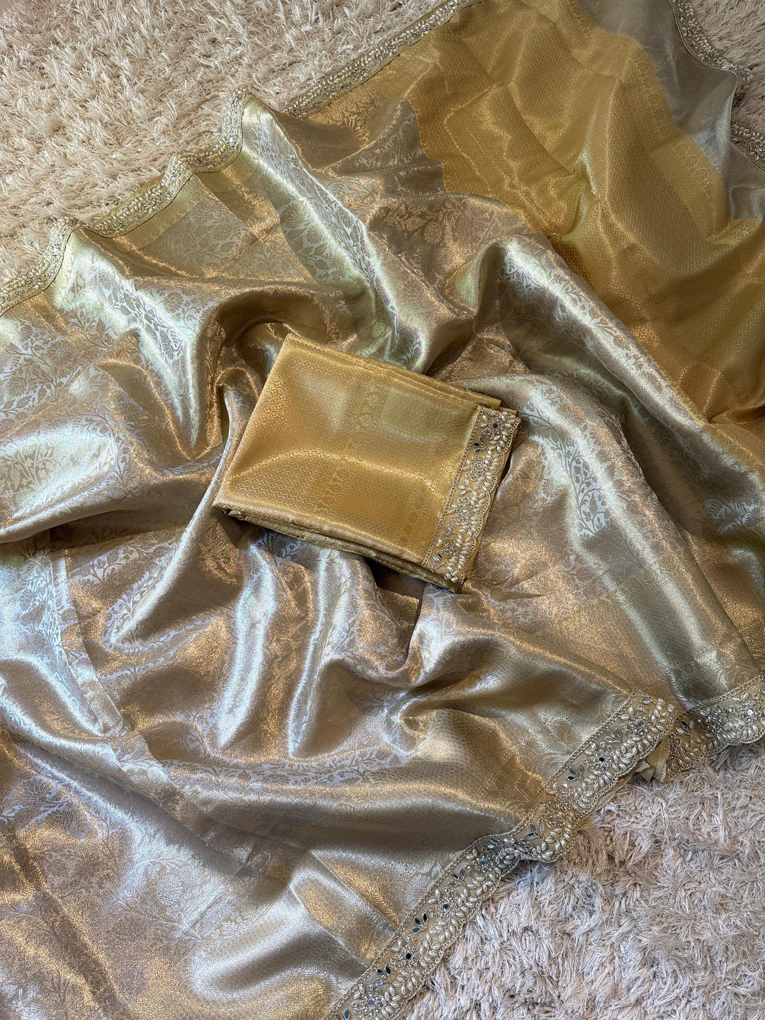 Gold-Toned Tissue Silk Saree - Festive Elegance