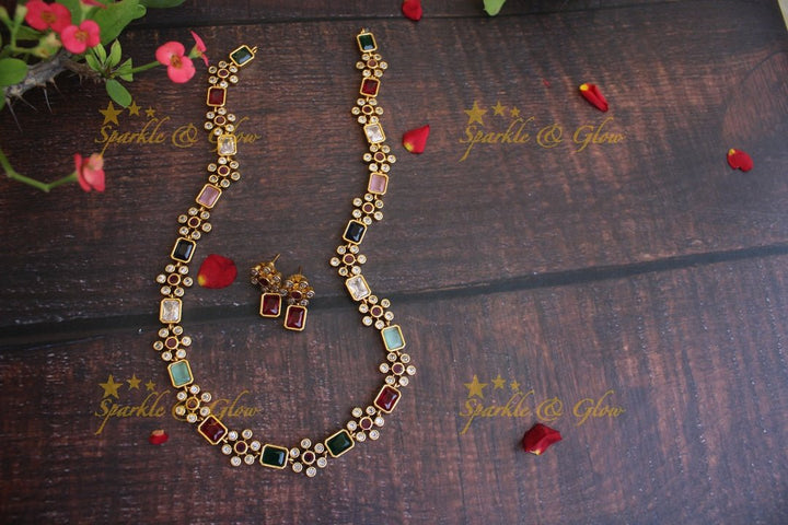 Simple and elegant floral stone haram - Mint Green - Sparkle and Glow - Navarathna - Back Thread