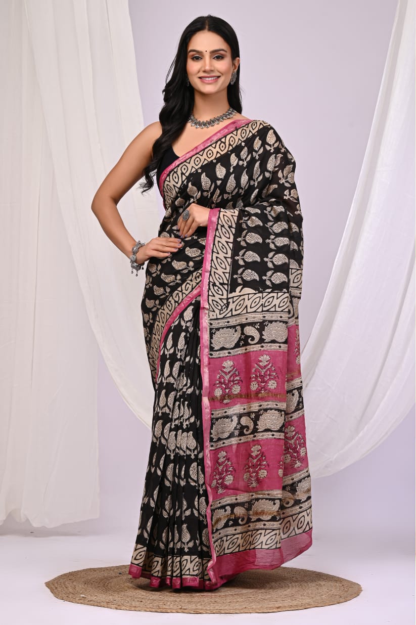 Elegant Chanderi Silk Saree - Festive Handblock Design