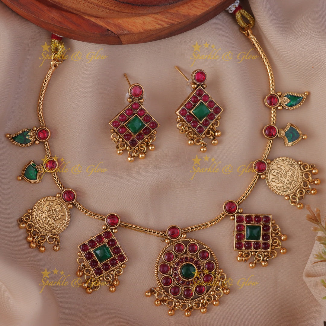 Lakshmi Coin Floral Necklace Set - Artistic Craftsmanship