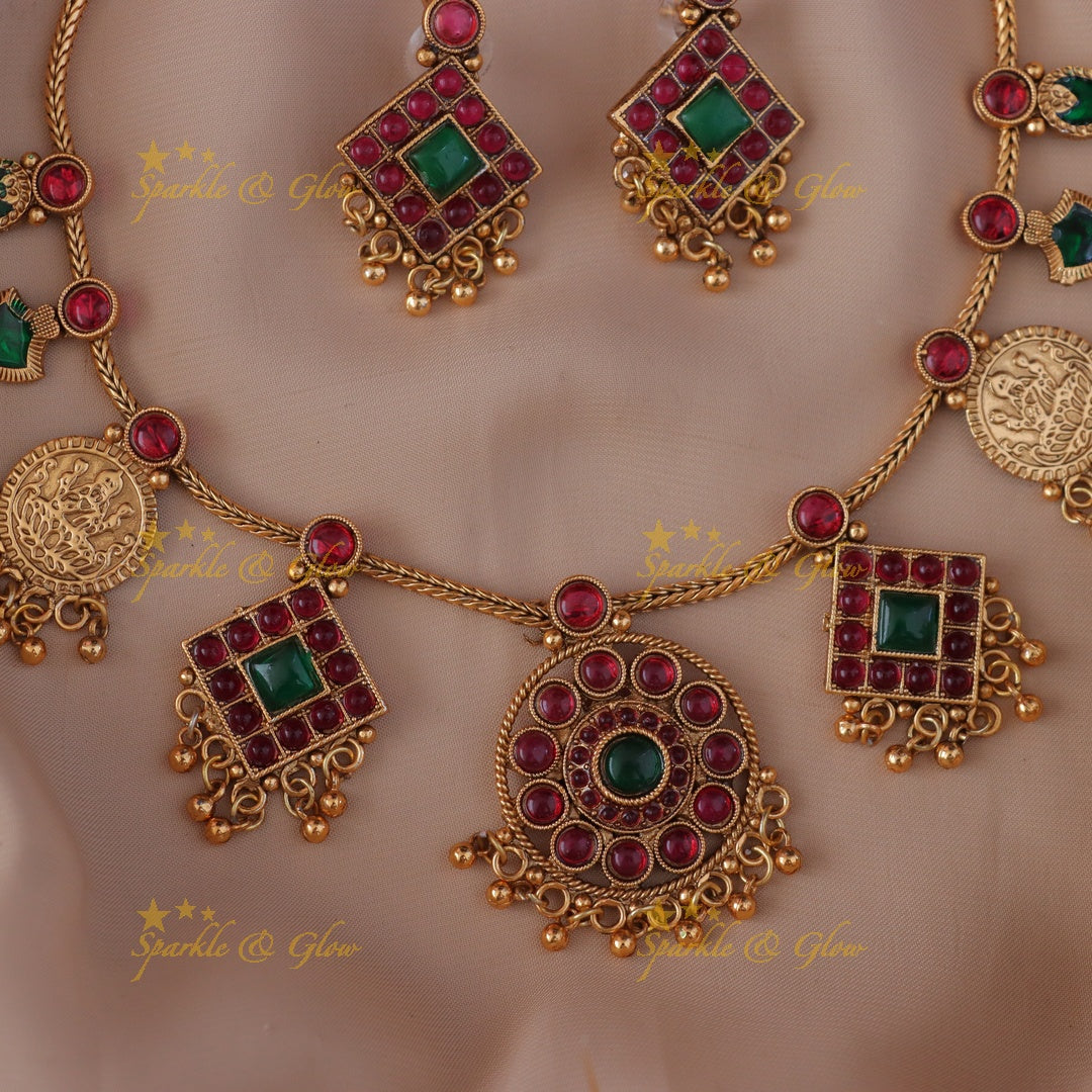 Lakshmi Coin Floral Necklace Set - Artistic Craftsmanship