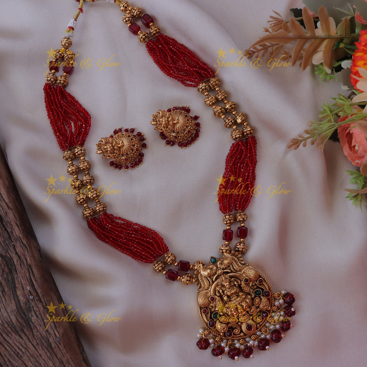 Exquisite Maroon Gold Bead Lakshmi Necklace Online