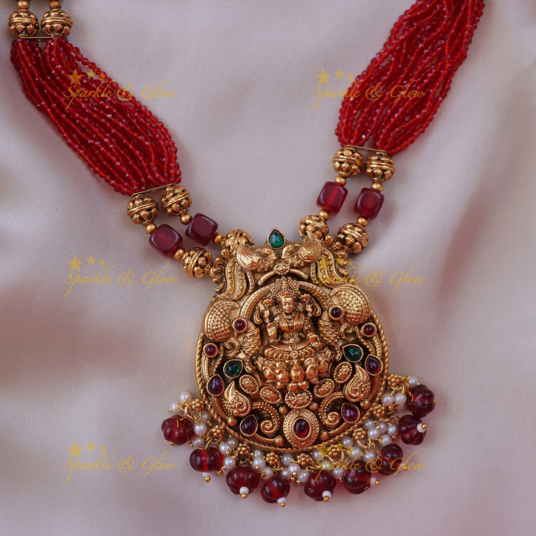 Exquisite Maroon Gold Bead Lakshmi Necklace Online