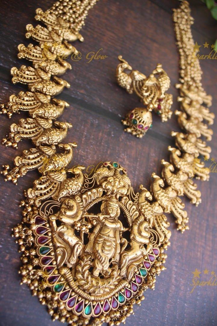 Gold alike polished Krishna Playing Flute peacock design haram - Sparkle and Glow