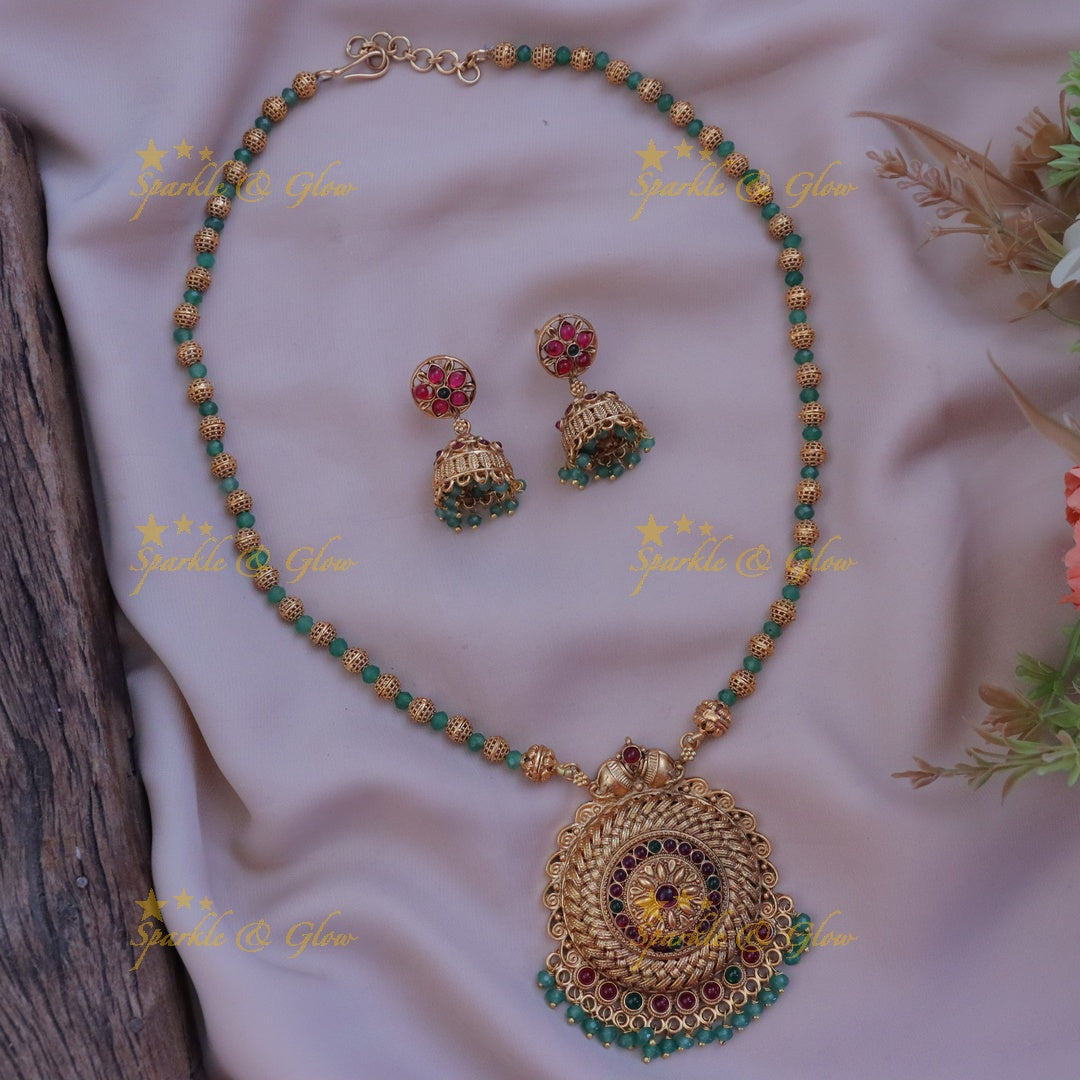 Gold Mint Green Bead Floral Necklace Set - Perfect for Festive Elegance