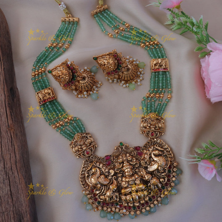 Grand Lakshmi Peacock Green Beaded Temple Haram Set