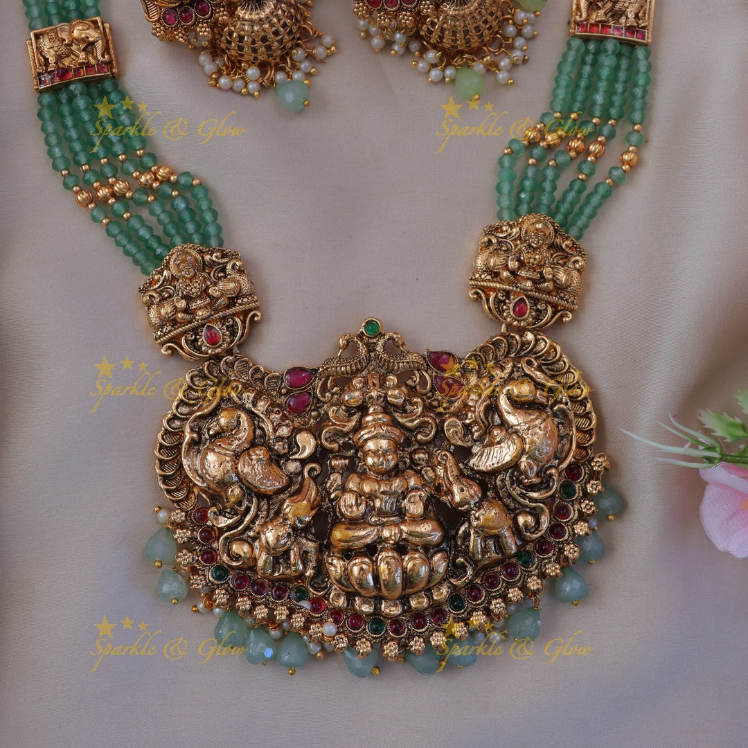 Grand Lakshmi Peacock Green Beaded Temple Haram Set
