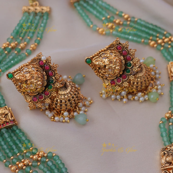 Grand Lakshmi Peacock Green Beaded Temple Haram Set