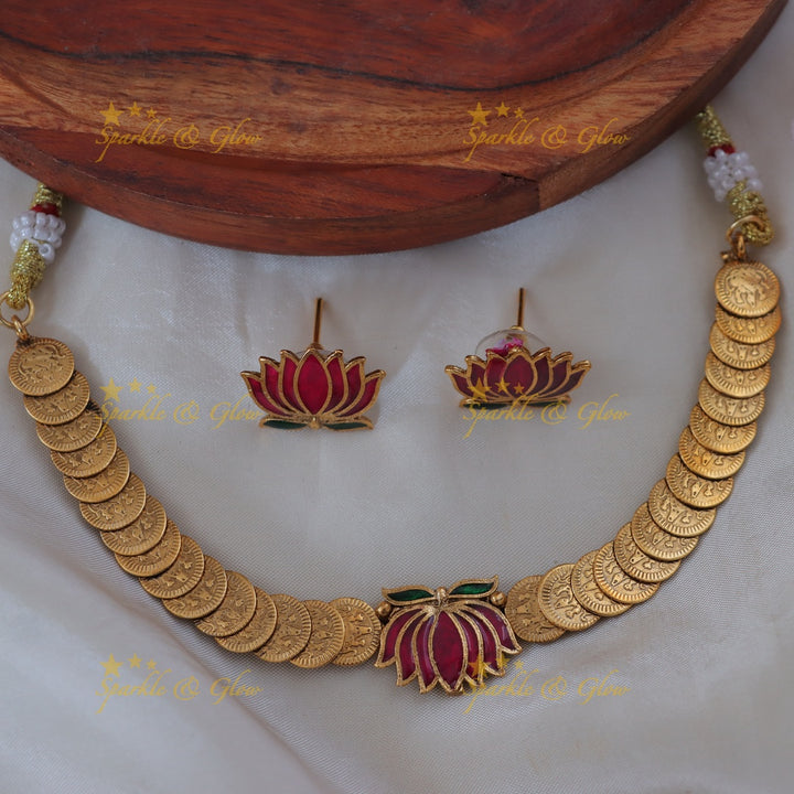 Lakshmi Coin Necklace & Lotus Earrings - Festive Finesse