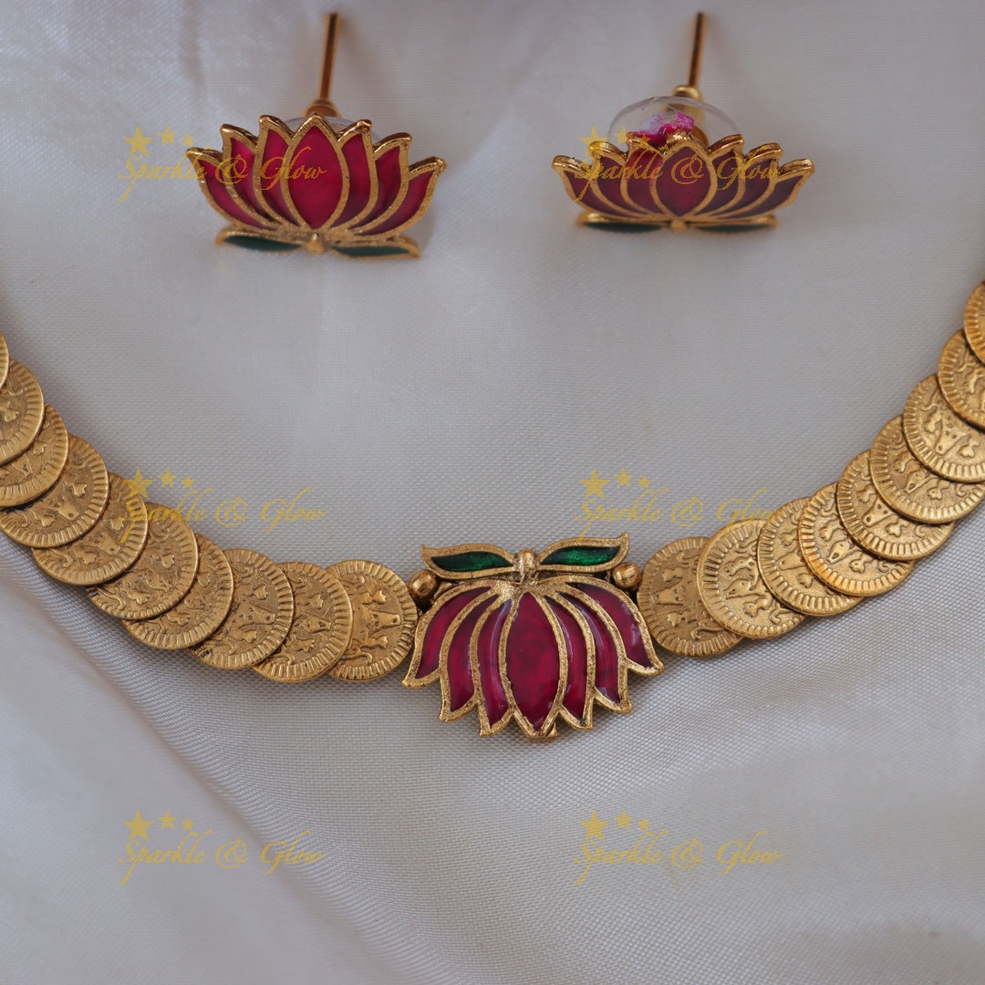 Lakshmi Coin Necklace & Lotus Earrings - Festive Finesse