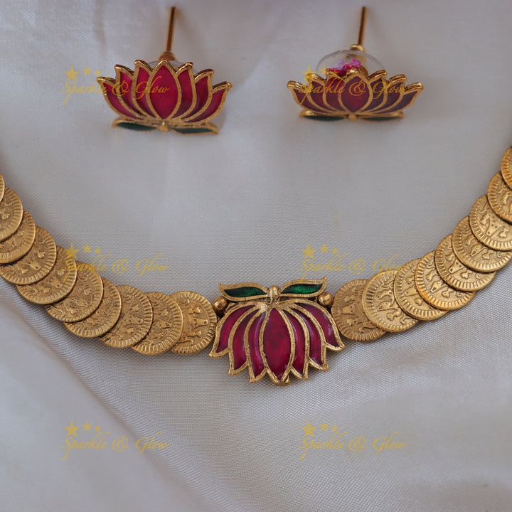 Lakshmi Coin Necklace & Lotus Earrings - Festive Finesse
