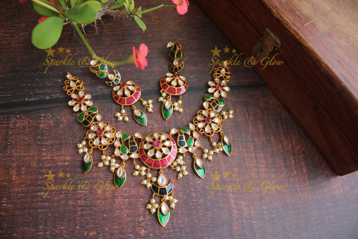 Gold alike unique meenakari gutta pusalu peacock necklace