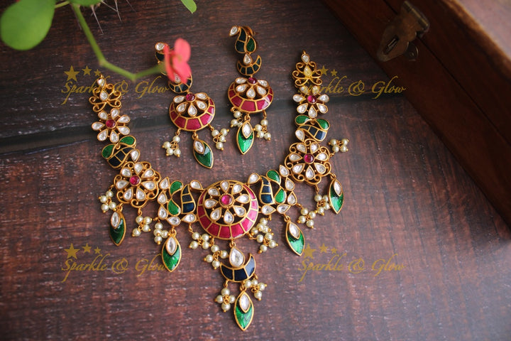 Gold alike unique meenakari gutta pusalu peacock necklace
