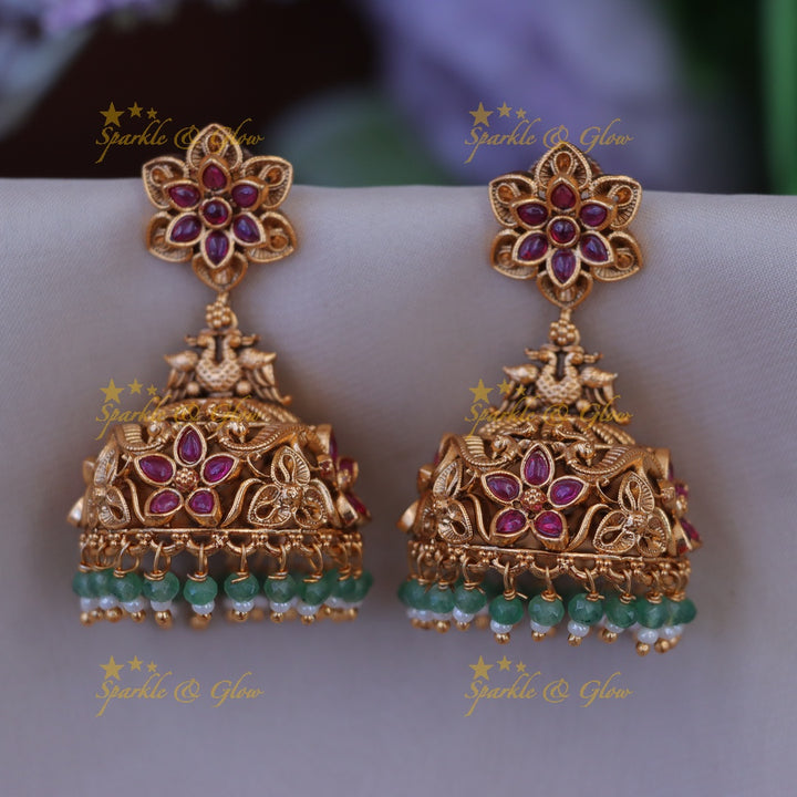 Exquisite Gold Floral Peacock Jhumka Earrings