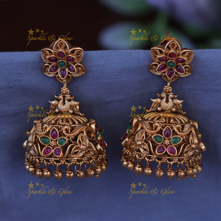 Exquisite Gold Floral Peacock Jhumka Earrings