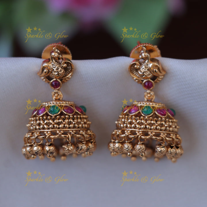 Exquisite Gold Peacock Jhumka Earrings - Sparkle & Glow